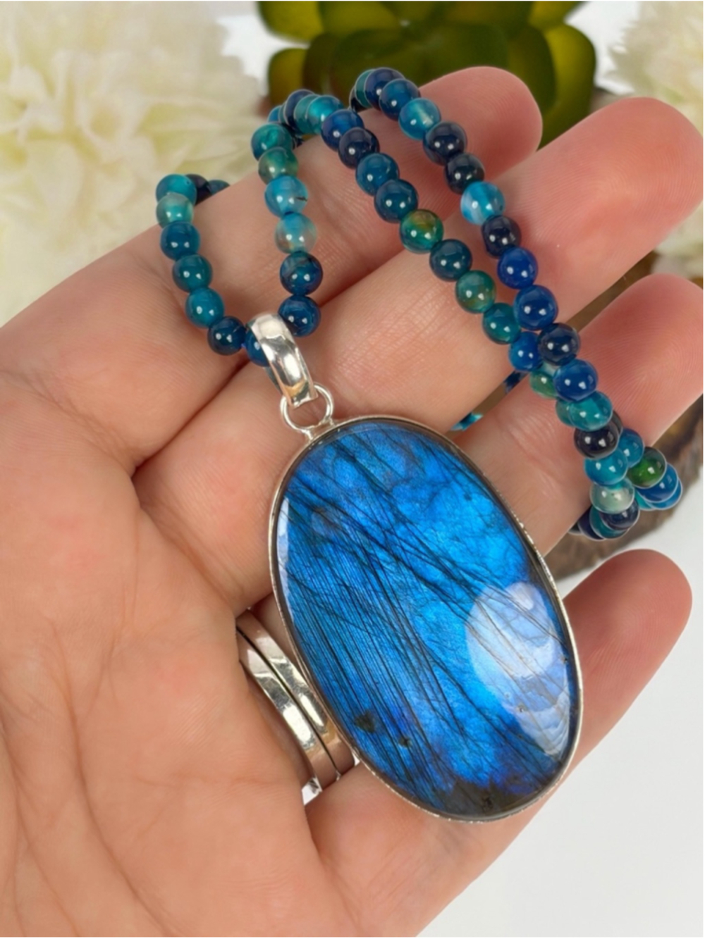Large Sterling Silver 925 Blue Labradorite Pendant Necklace Southwest Modern New